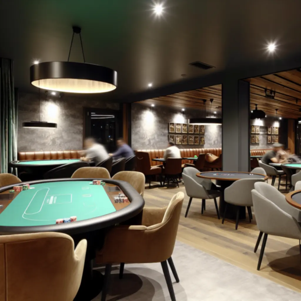 Pókerasztalok és játékosok elegáns, hangulatos Poker Lounge környezetben.